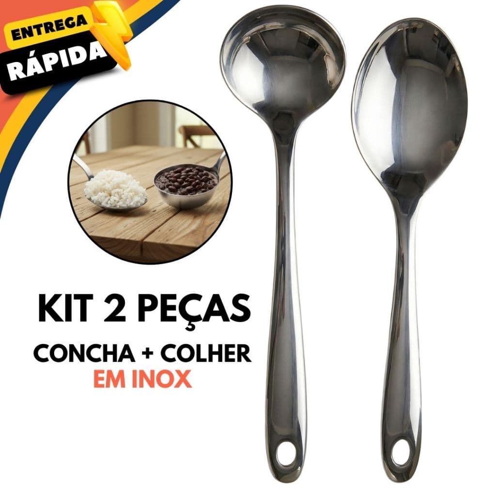 Kit Concha para Feijão e Colher de Arroz Aço Inox Premium Restaurante Buffet Utensílio Cozinha