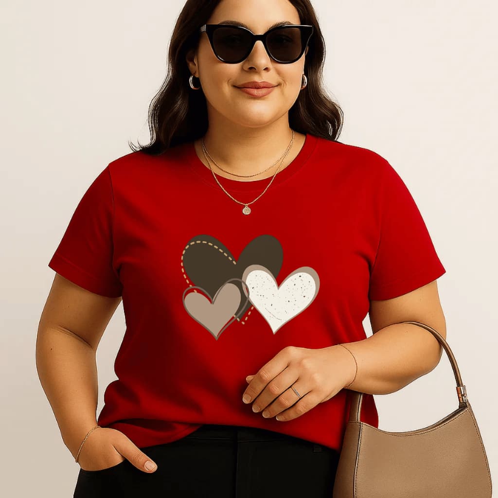 Camiseta Plus Size Feminina Estampada Coração Marrom 100% Algodão Premium Verão Academia Treino Blusa Camisa