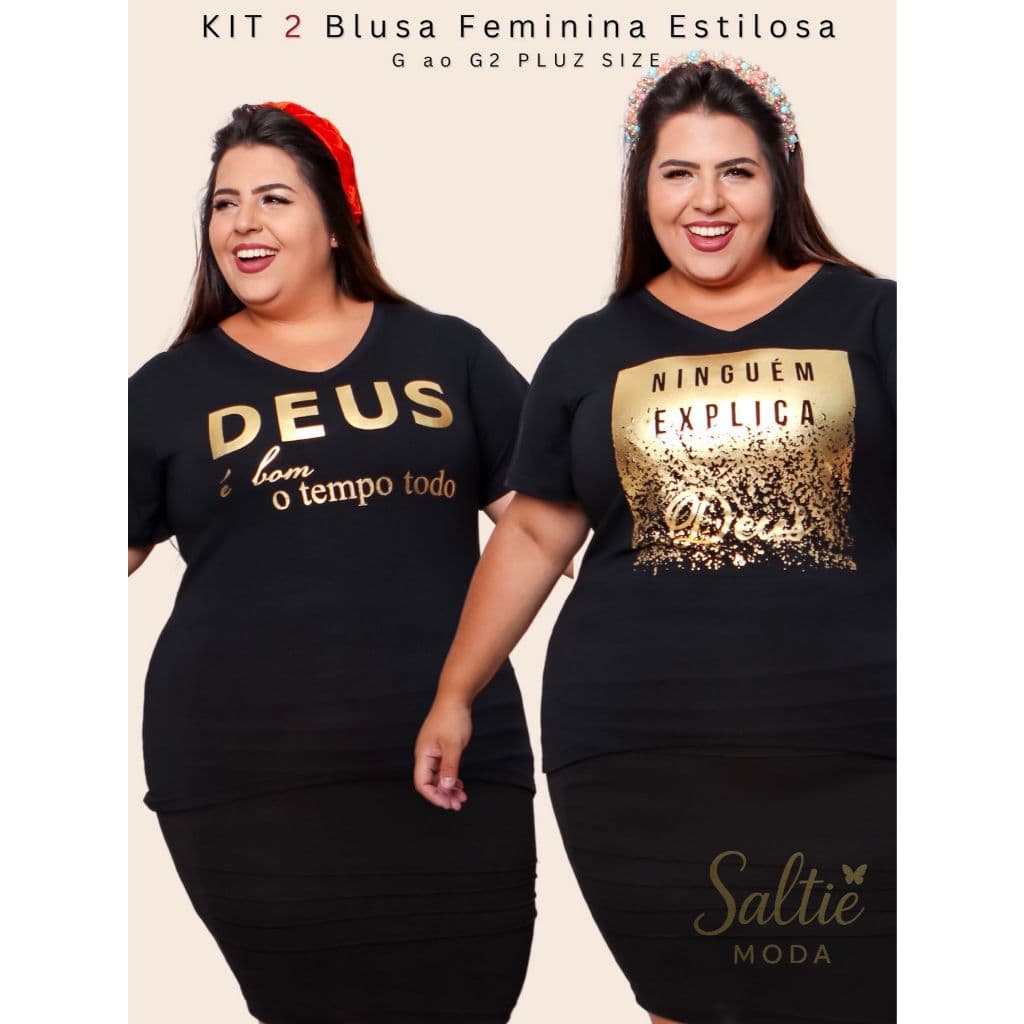 KIT 2 OU 1 UNIDADE Blusa Feminina Plus Size Gola V Frase Evangélica Cristã Viscolycra Tecido Premium