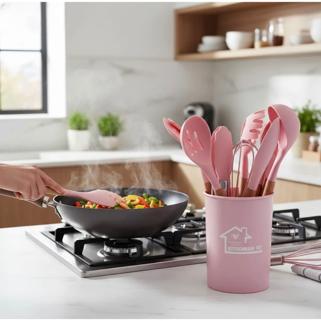 Kit Utensílios Cozinha Jogo Conjunto Silicone12 Peças Rosa Antiaderente Resistente Calor Premium