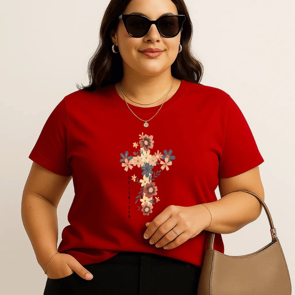 Camiseta Plus Size Feminina Estampada Cruz Flores 100% Algodão Premium Verão Academia Treino Blusa Camisa