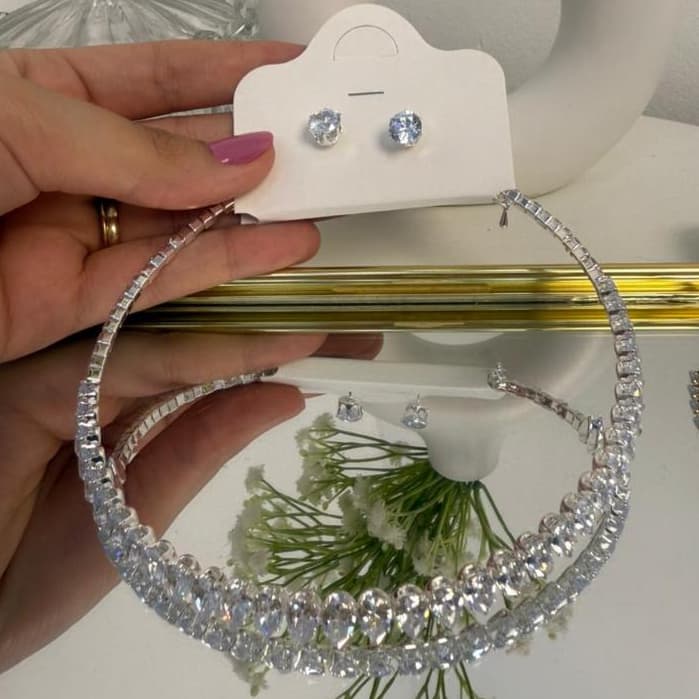 Colar Choker Riviera brilho strass prata antialérgico com par de brincos