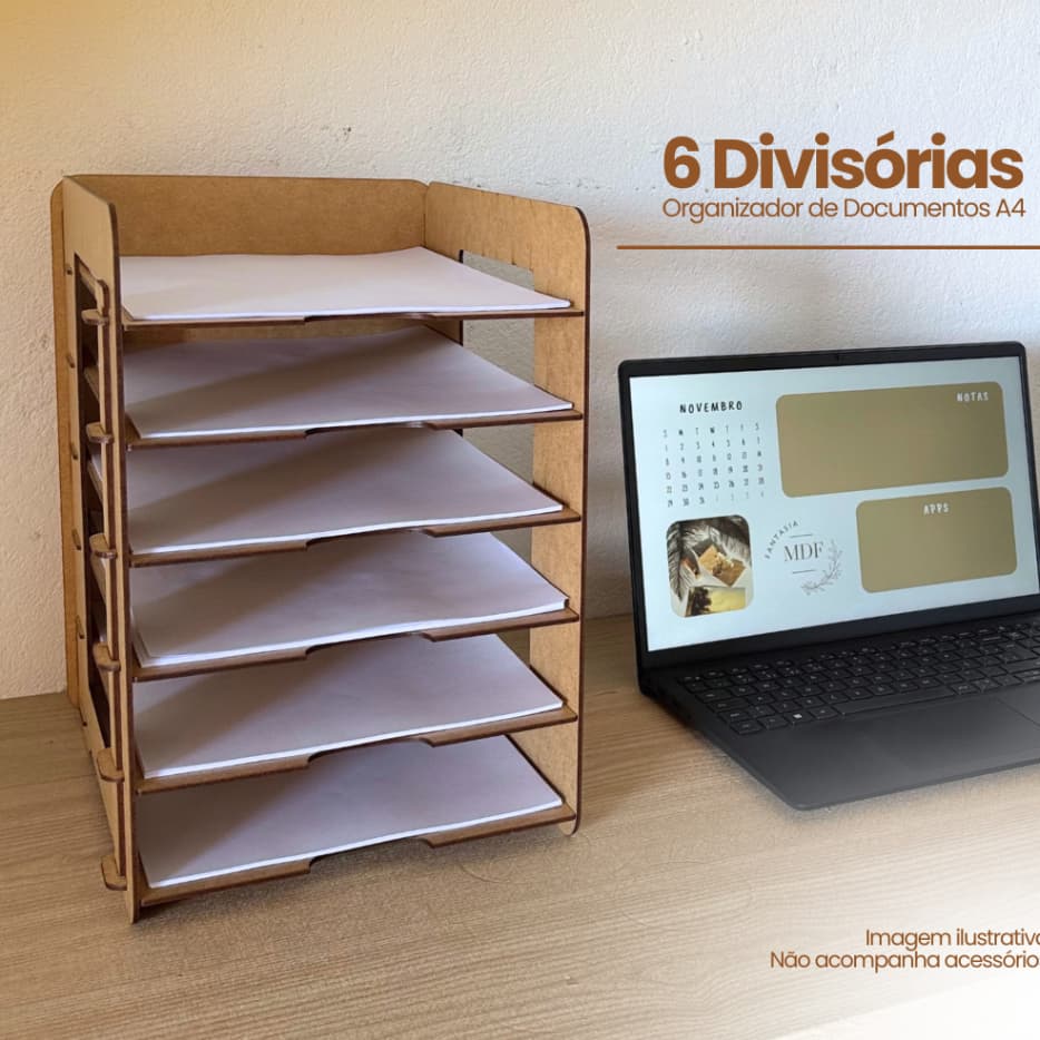 Suporte Organizador de Documentos e Folhas A4 MDF Porta Documentos Caderno Escritório Mesa Trabalho