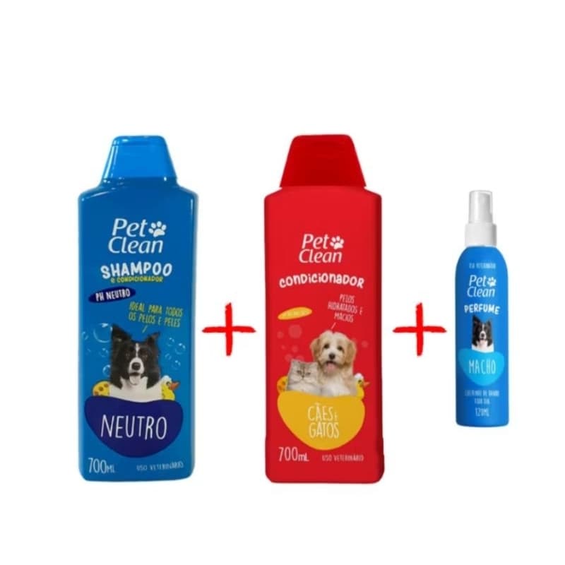 Kit Shampoo Neutro + Condicionador + Perfume Pet Clean  Para Cães e Gatos