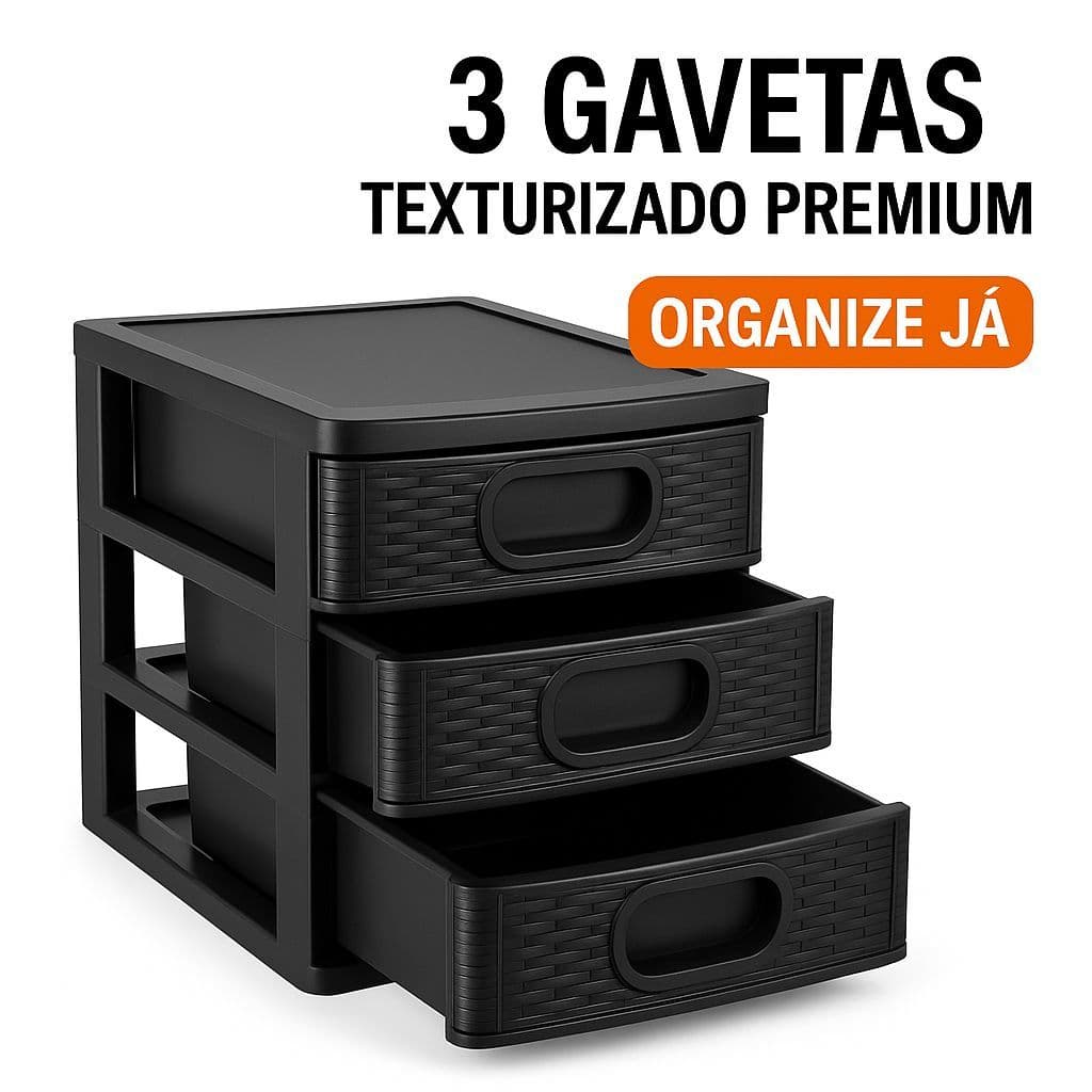 Gaveteiro Organizador De Mesa Micro Porta Tudo Plástico Compacto 3 Gavetas Cor Preto
