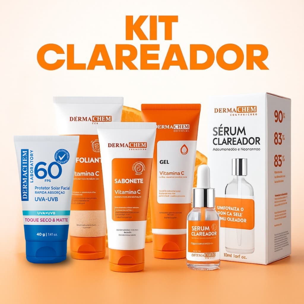 Kit 5 Unidades Skincare Clareador Dermachem Vitamina C Com Protetor Solar FPS 60 Completo Facial