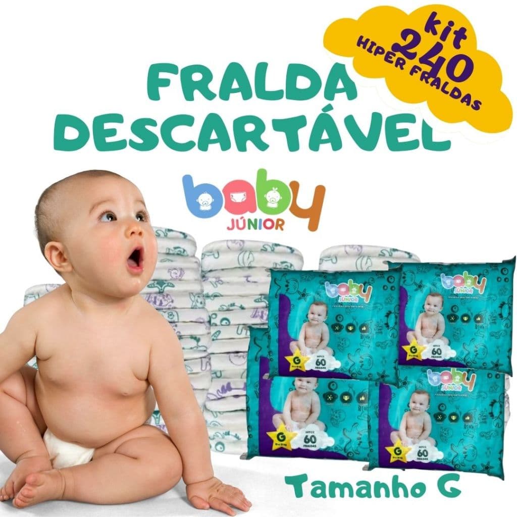 Fralda Descartável Infantil Hiper G Kit c/4 Pacotes C/60 Unds Total de 240 Fraldas Ajustável e Anti Assadura