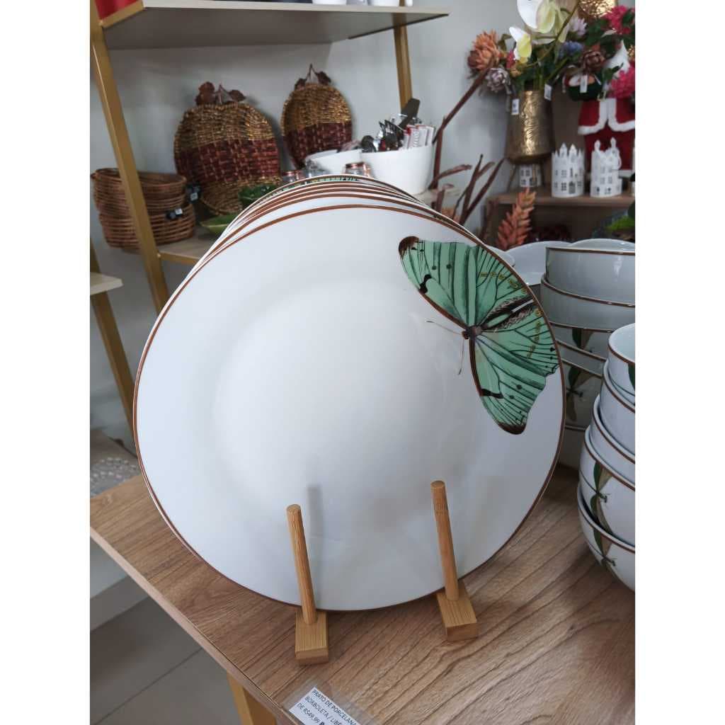 Prato Raso 27 cm com Estampa de Borboleta + Bowl de Porcelana 250 ml com Estampa Borboleta