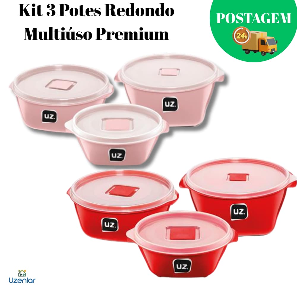 Kit 3 Potes Redondos Premium UZ Multiúso com Tampa Hermética Plástico Alta Vedação 2L 800ml 350ml