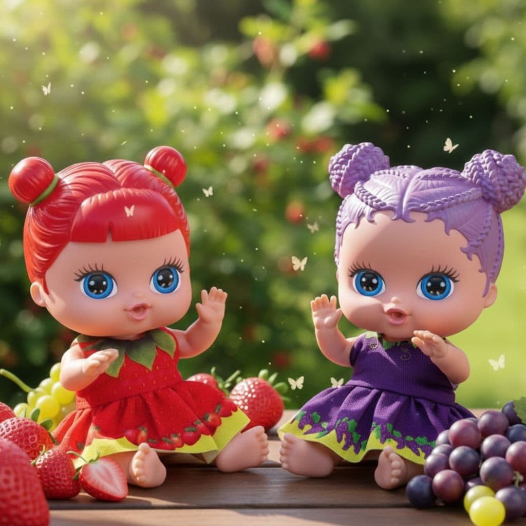 Kit Boneca Cotiplás Frutinhas : Morango e Uva com cheirinho!  Presente infantil para brincar e amar.