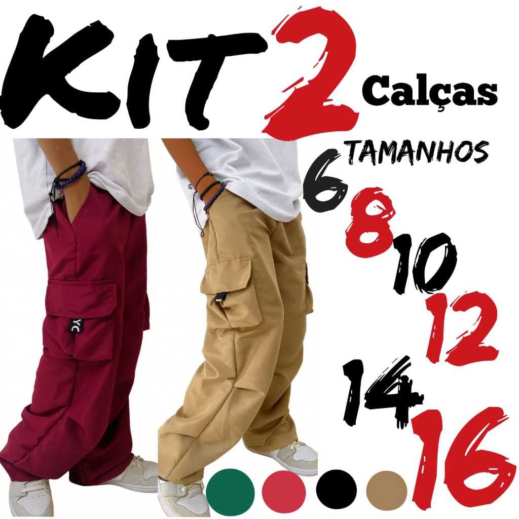 KIT 2 Calça Tactel Masculina Infantil/Juvenil com 4 Bolsos  Cintura com Elástico e Cordão – Tamanhos 6 ao 16