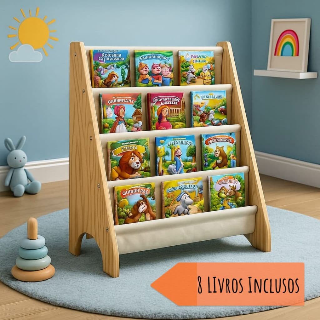 Estante para Livros Infantil Montessoriana - Rack Livreiro de Tecido e Madeira Natural com 8 Livros