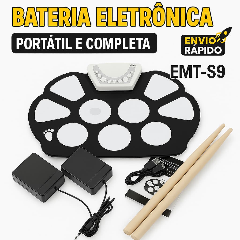Bateria Musical Eletrônica Silicone Dobrável 10 Pads 2 Pedais + Baquetas – Portátil com Pilhas