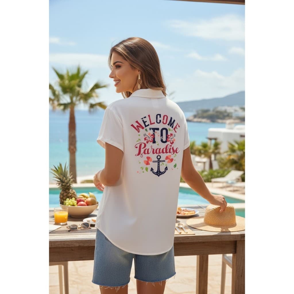Saida de Praia Feminina Branca Mangas Curtas Elegante Estampada Tropical Roupa de Praia Feminina