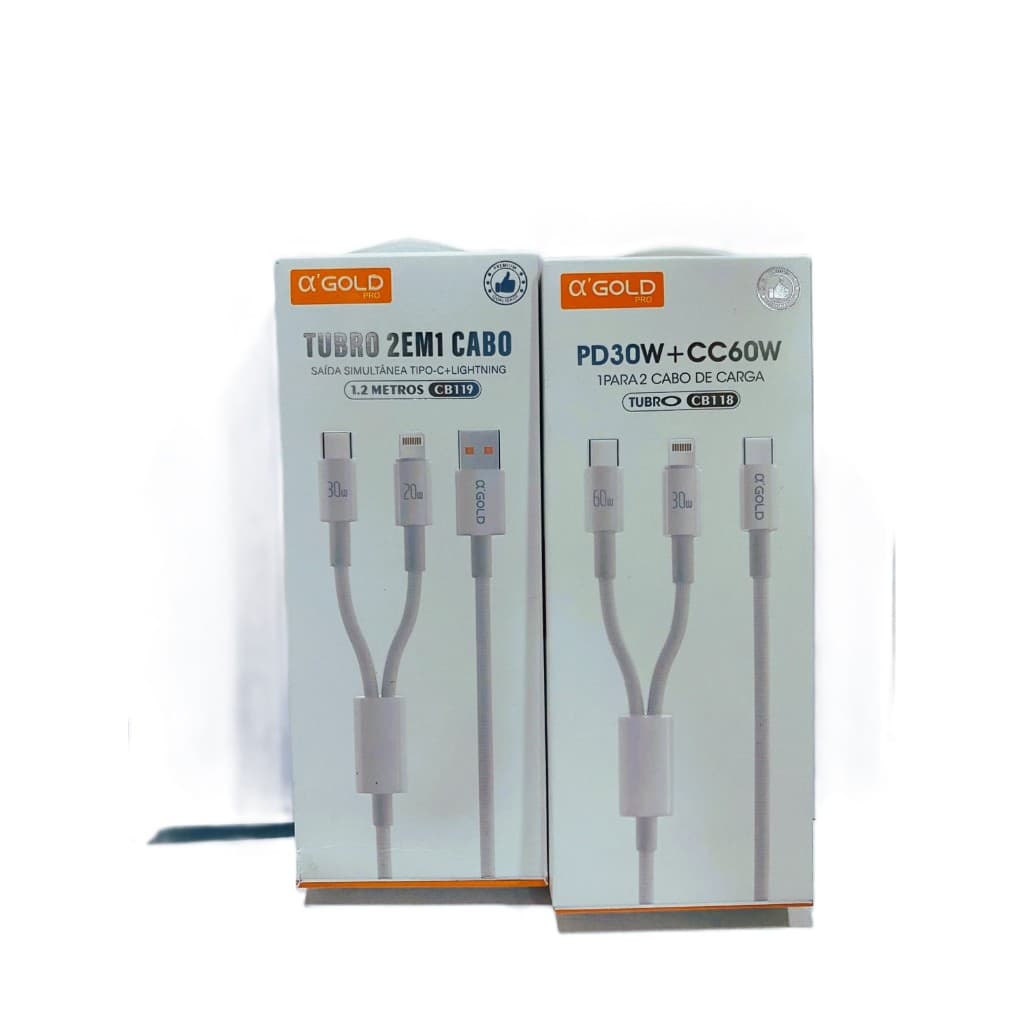 Cabo de Carregamento 2 em 1 (1 para 2) – Tipo-C para Lightning + Tipo-C
