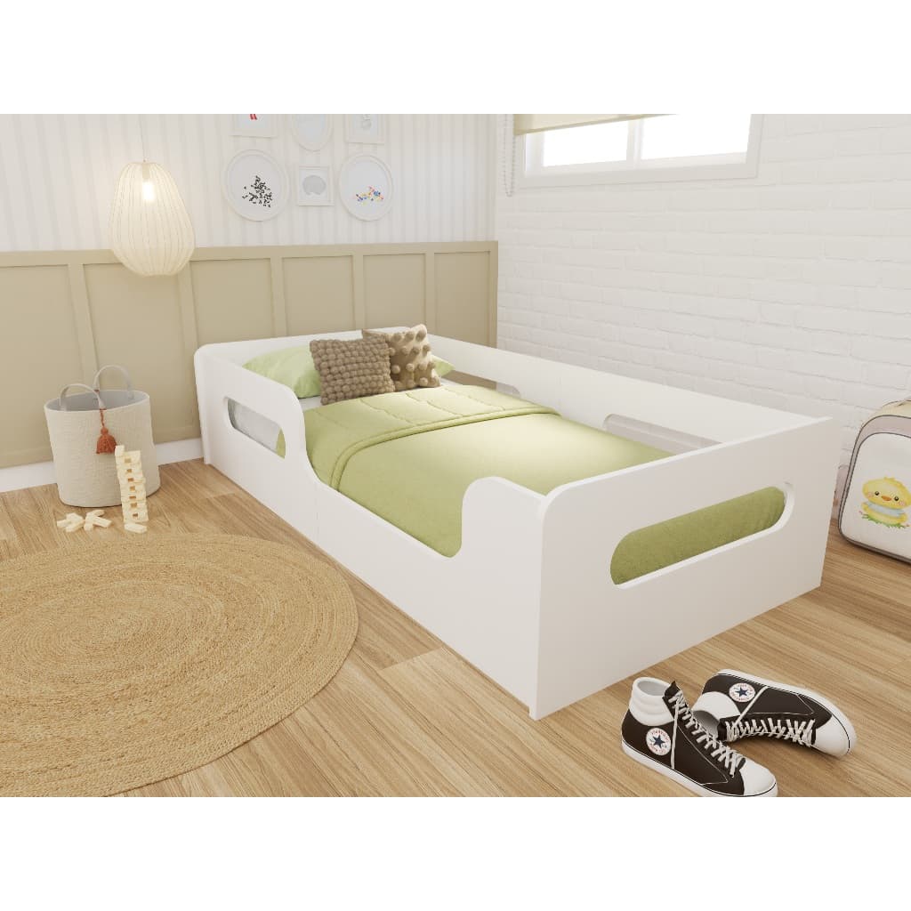 Cama Solteiro Montessoriana Moderna Com Grade De Proteção Encanto Quarto Da Criança Cor Branco