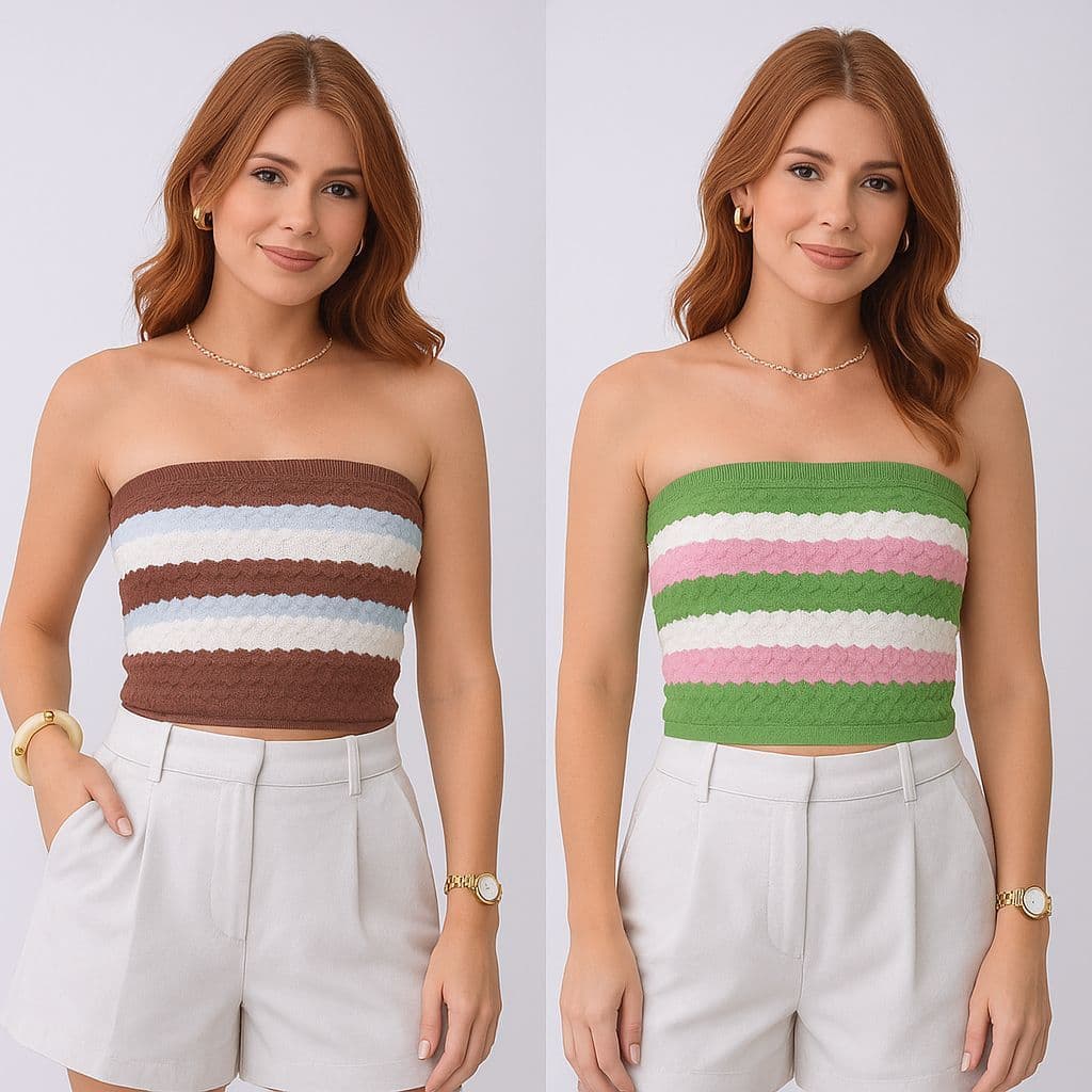 Kit com 2 Top Faixa Colorido de Tricot Modal Texturizado Blusa Tomara que Caia Luxo Modinha Verão