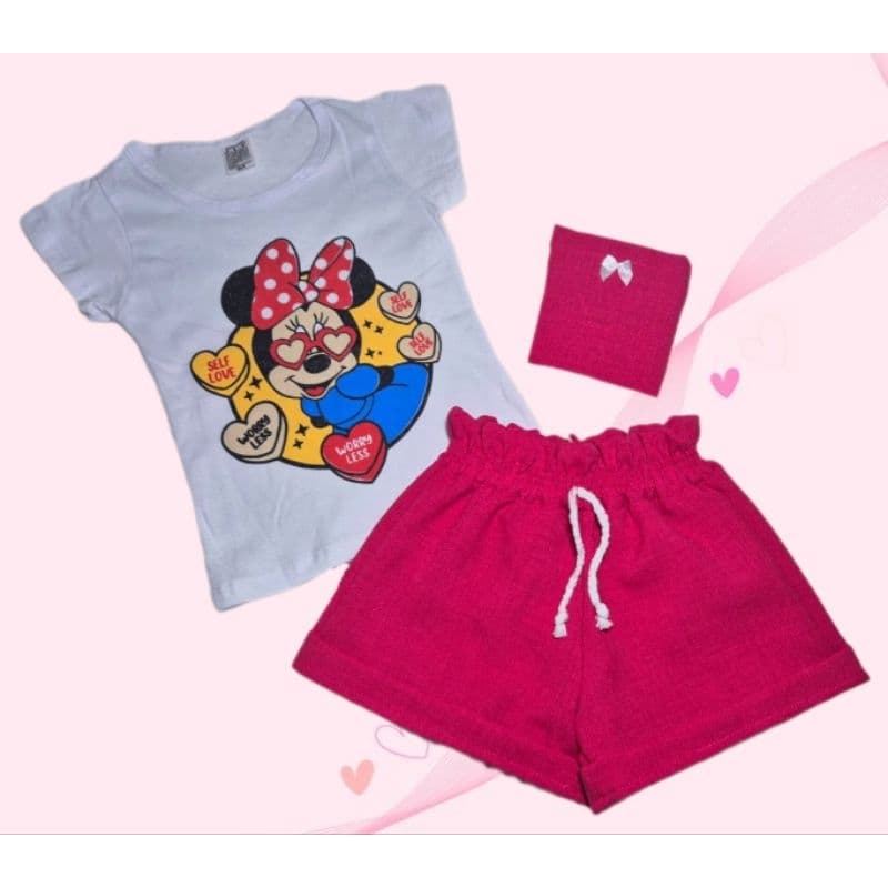 Conjunto Infantil menina Blusa e Short com bolsinha com estampas aleatórias