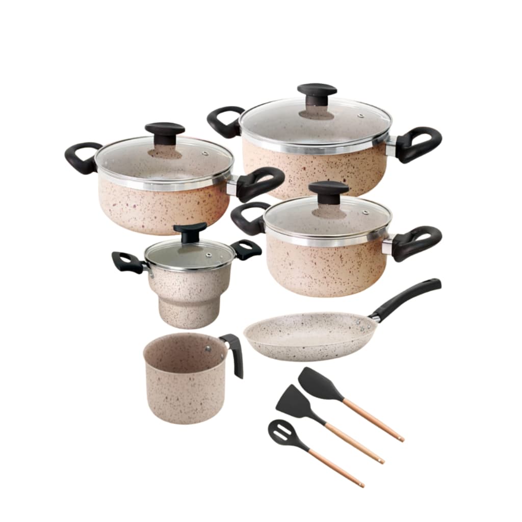 Jogo de Panelas + Cuscuzeira e Kit Utensílios Antiaderentes 9 Pçs Bege