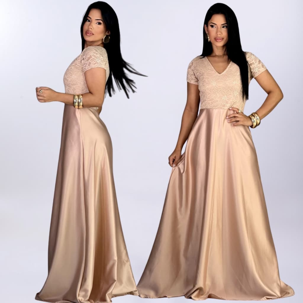 vestido longo bege de renda e saia de crepe acetinado festa madrinha de casamento formatura elegante manga curta