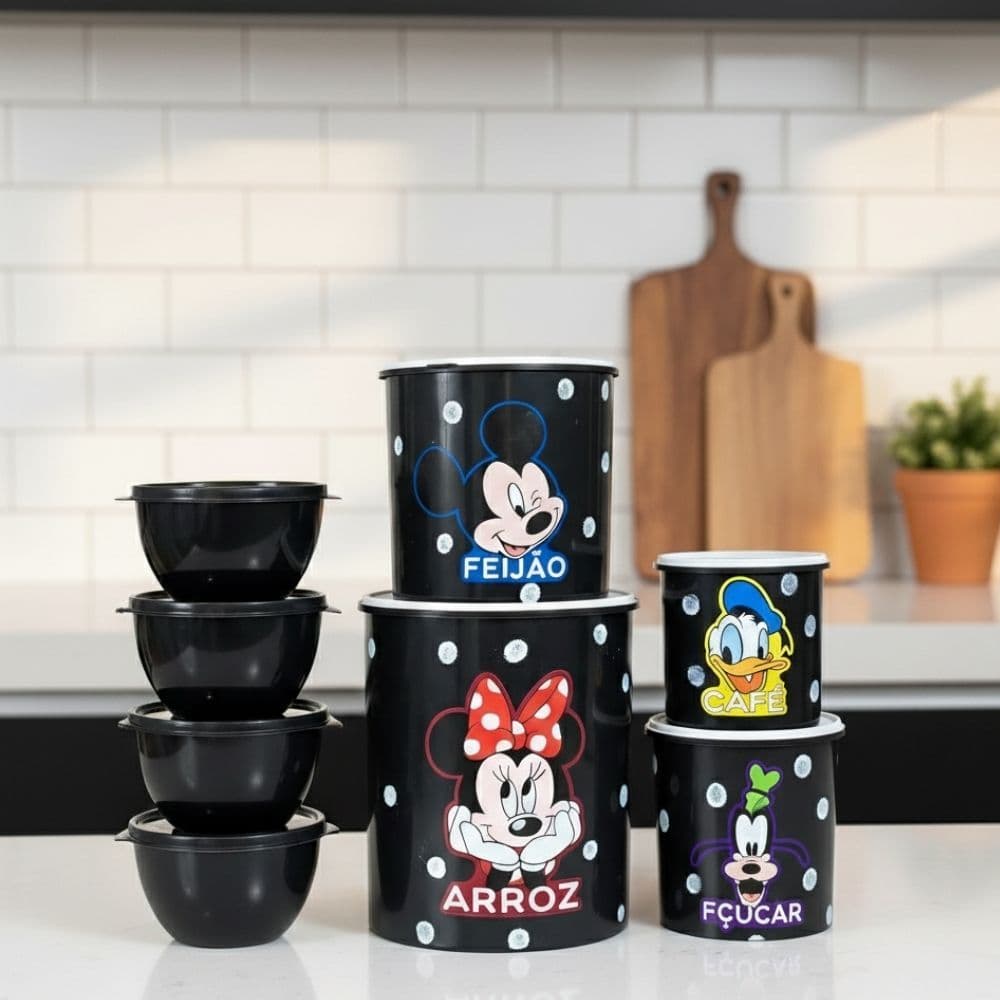 Kit Mantimento 5 Peças Turma do Mickey Minnie e 4 Potes Redondos 750ml Herméticos Organizadores