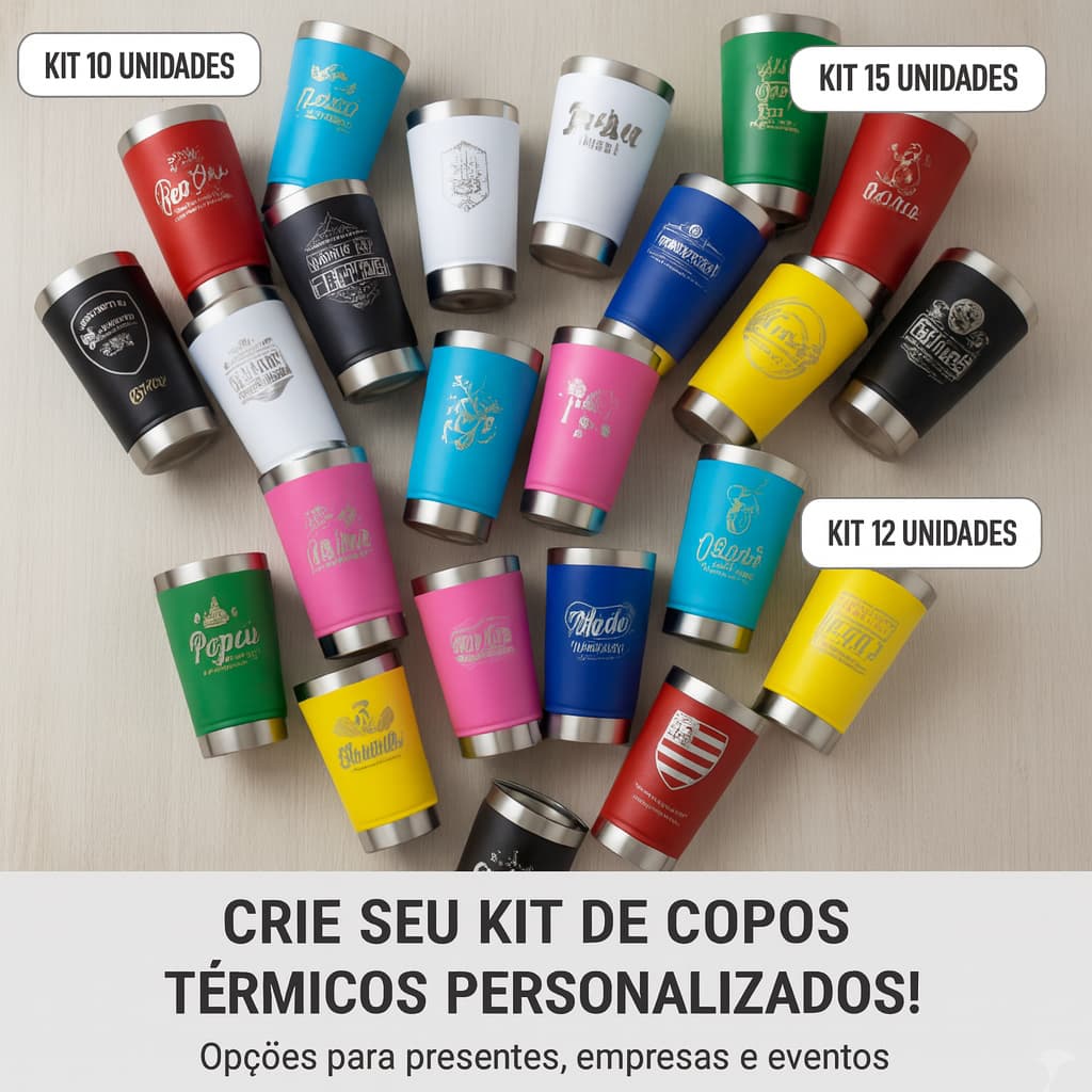 Kit 5,10,12,15 Copos Térmico Personalizado 473ml – Brinde com Tampa e Abridor + caixa | Nome Time Logo Evento