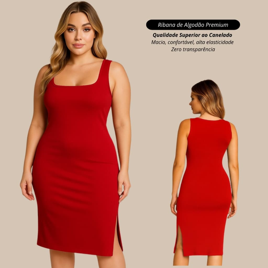 Vestido feminino midi canelado ribana casual gringa tubinho com fenda lateral