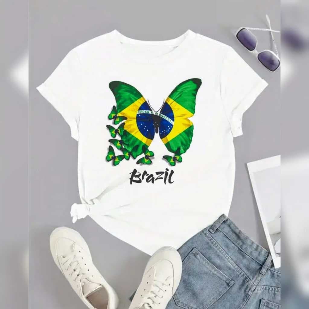 Camiseta T-shirt Feminina Bandeira do Brasil 100% Algodão Brazil Envio Imediato