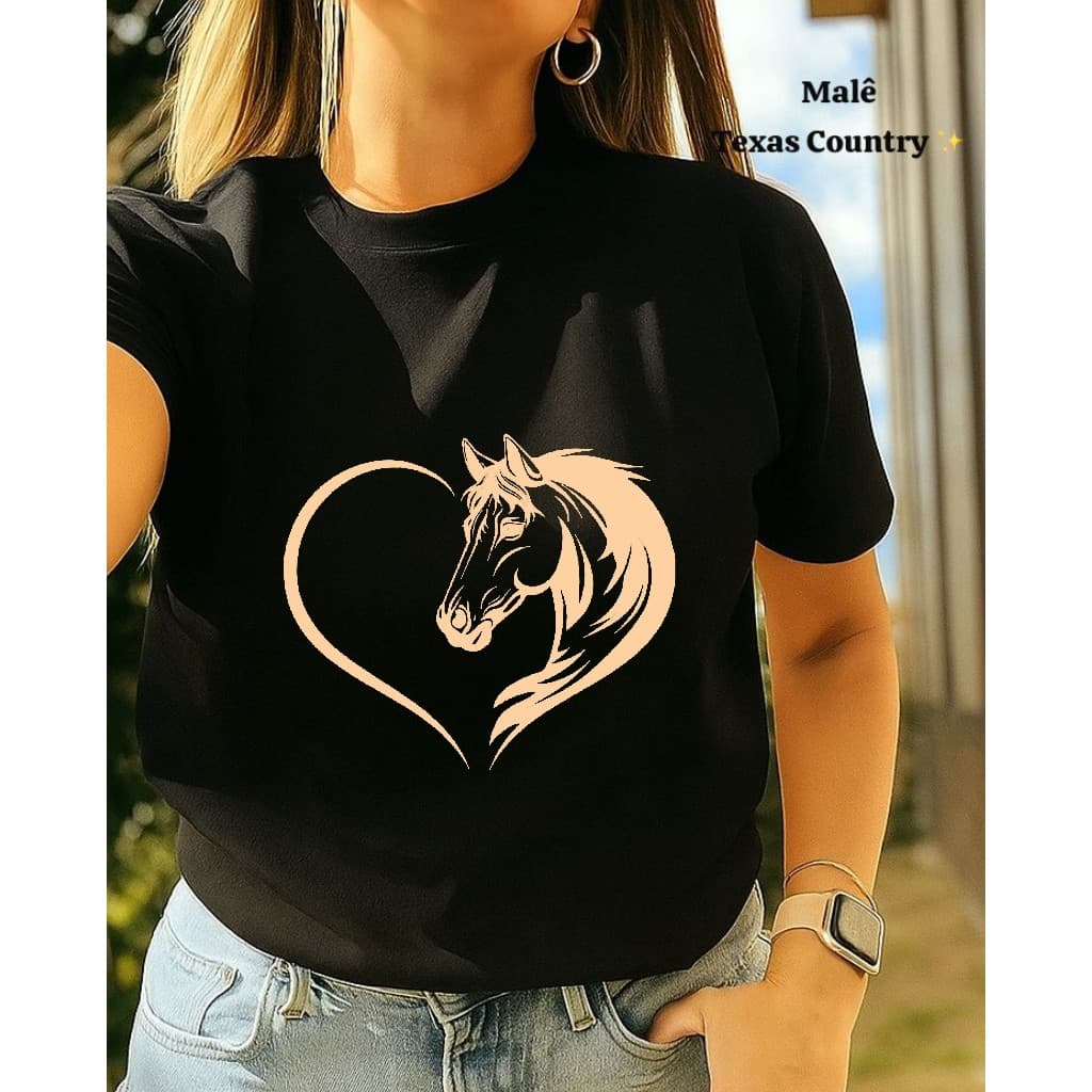 Camiseta Baby Look Moda Feminina Estilo Country Coração Cavalo 100% Algodão