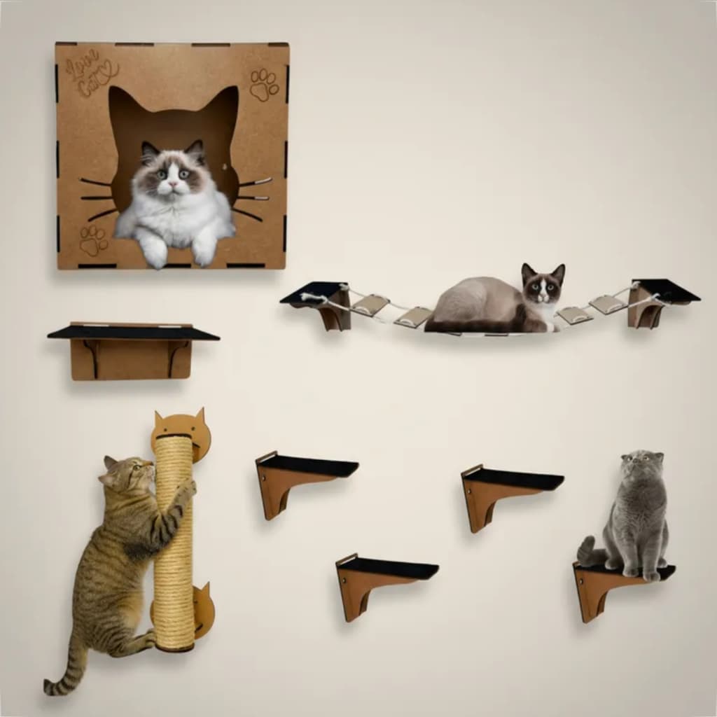 Kit Gato Playground de Parede 8 Peças Interno mdf Natural escalador para Gatos com Poste arranhador