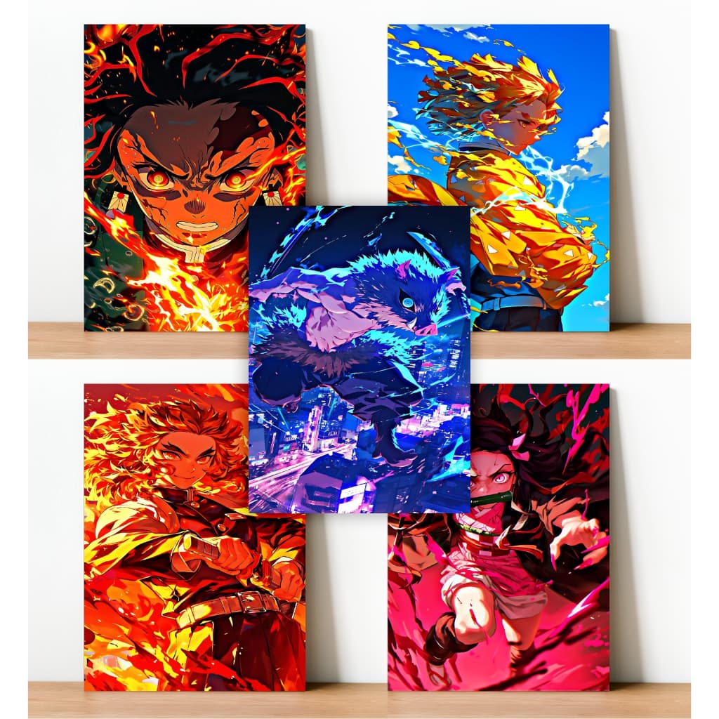 Kit 5 Quadros Decorativos Demon Slayer Kimetsu no Yaiba Animes Placa Decorativa pra Sala Quarto Casa