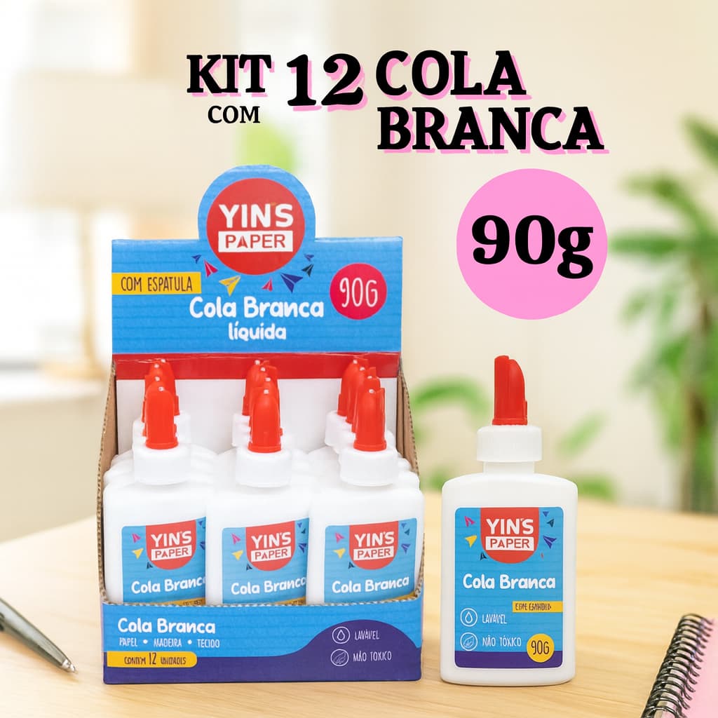 Kit 12 Cola Líquida Branca Com Espátula Escolar 40G - 90g  CAIXA COM 12 UNIDADES