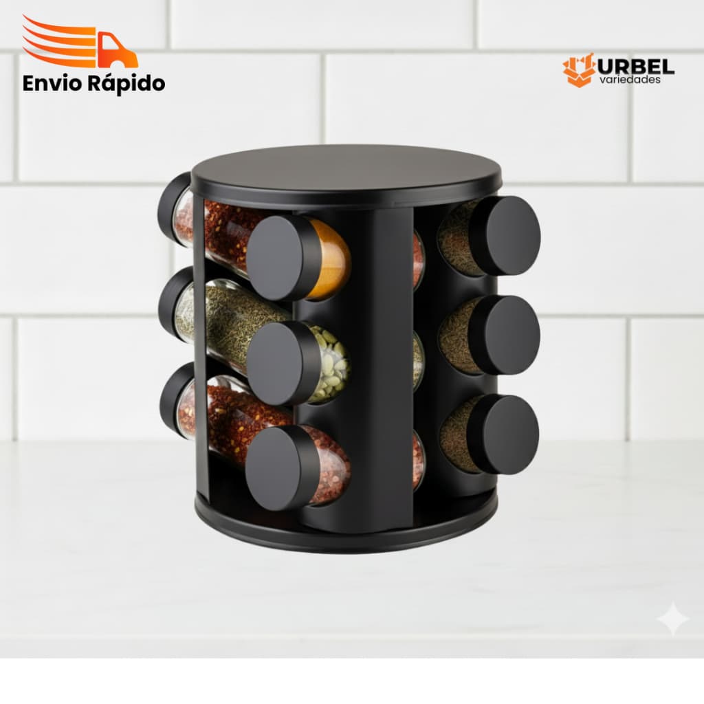 Porta Condimentos 9 Potes Vidro Giratorio Preto Organizador Temperos Cozinha Restaurante Churrasco
