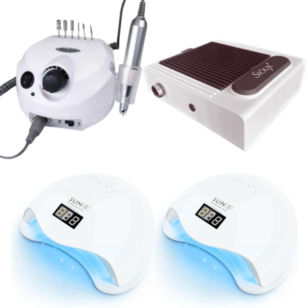 Kit 2x Cabine Sun 5 LED UV Digital 48w + Lixadeira Porquinho 50,000 RPM + Coletor Sugador de Pó de Unhas SIOUX 80W
