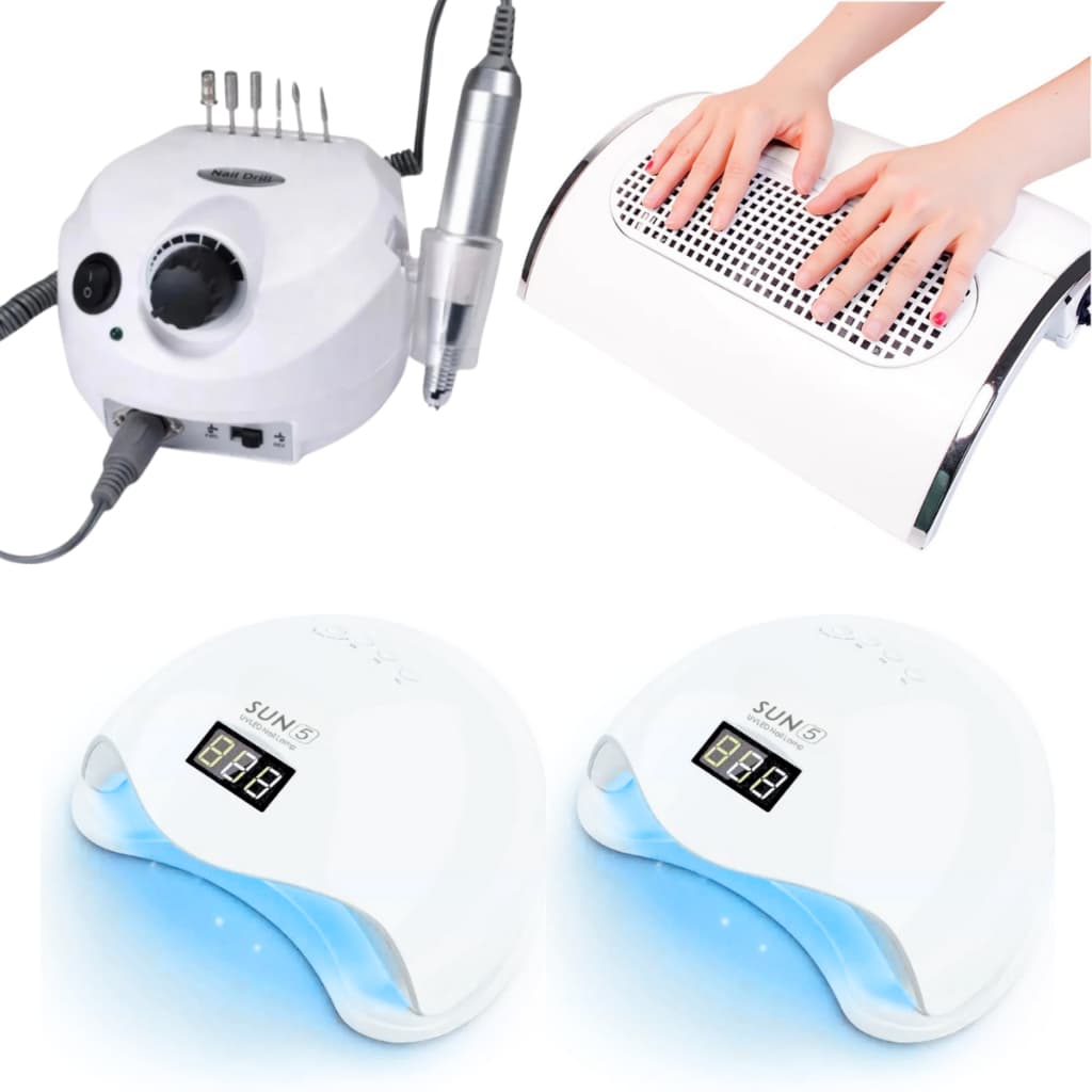 Kit 2x Cabine Sun 5 LED UV Digital 48w + Lixadeira Porquinho 50,000 RPM + Coletor Sugador de Pó de Unhas  3 Ventoinhas