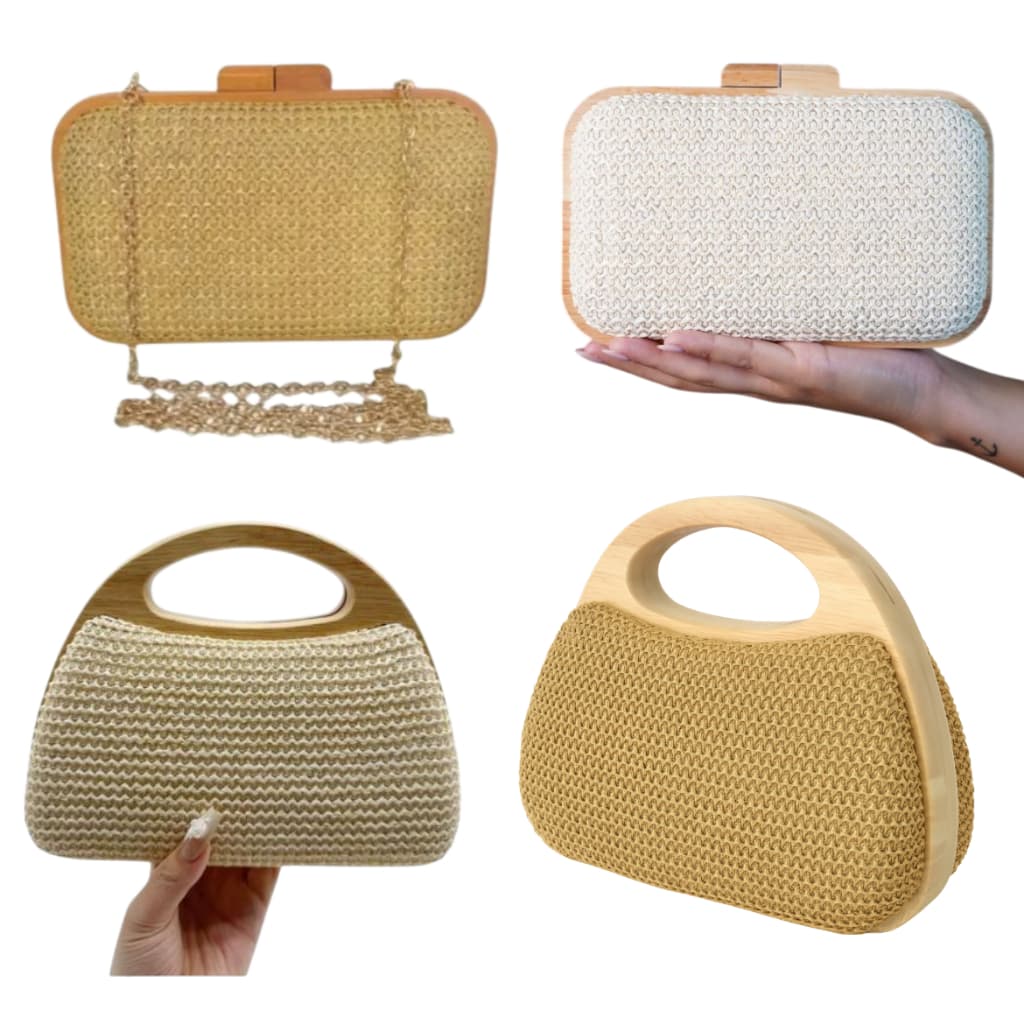 Bolsa de Festa Clutch Palha Sintética Elegante Com Alça de Corrente