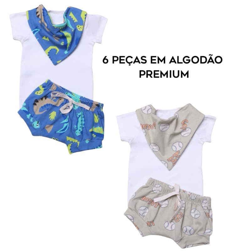 kit body conjunto bebê menino 6 peças verão algodão premium