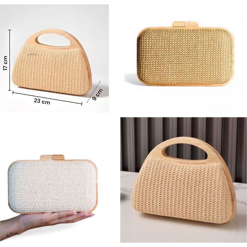 Bolsa Clutch Casamento Fecho Em Madeira Alça Corrente Chique Formatura De Mão Ráfia