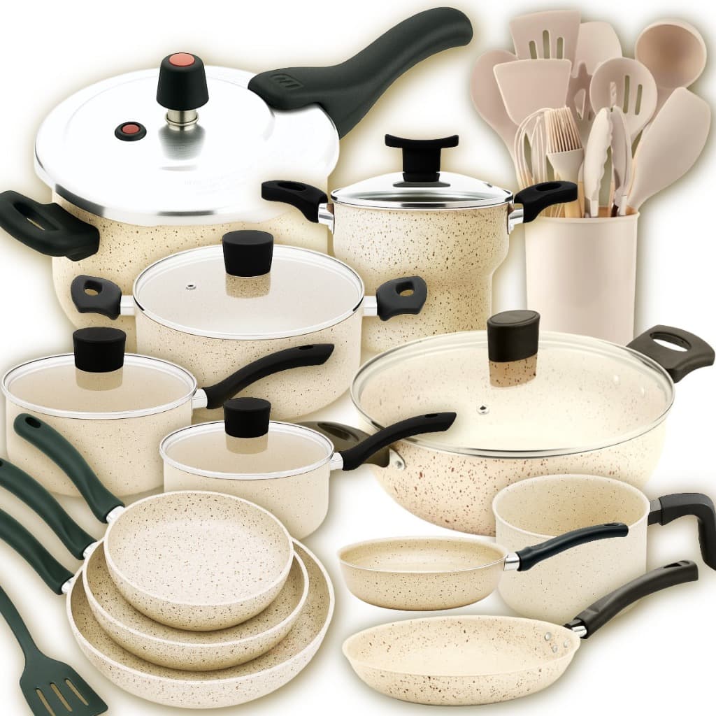 Kit de Panelas Teflon 25p c/ Cuscuzeira + Frigideiras + Panela de Pressão 4,5L + Wok + Utensílios