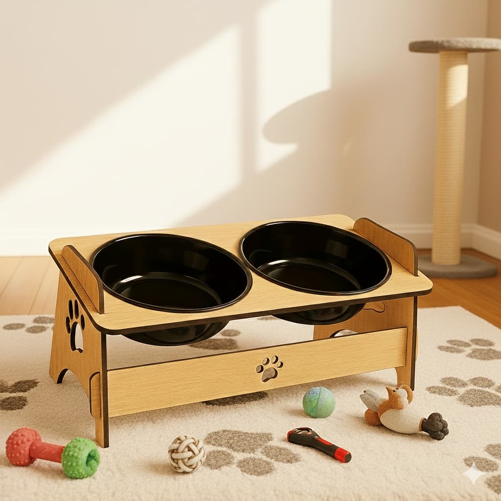 Comedouro MDF Duas Tampas Marrom Caramelo Funcionalidade Estilo Pet Cachorro Gato Ração Agua