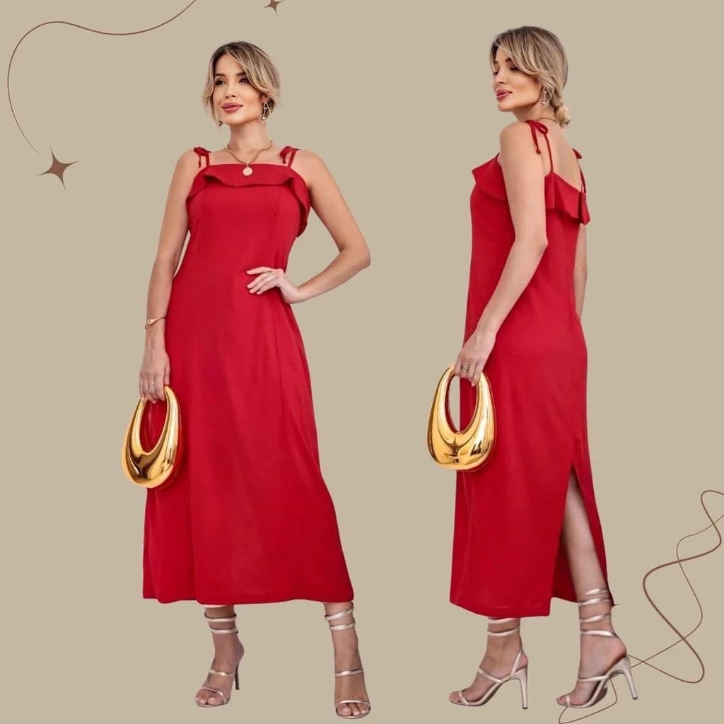Vestido Feminino Alcinha Verão Babado Forrado Festas Ano Novo Natal Branco Vermelho Verde Elegante