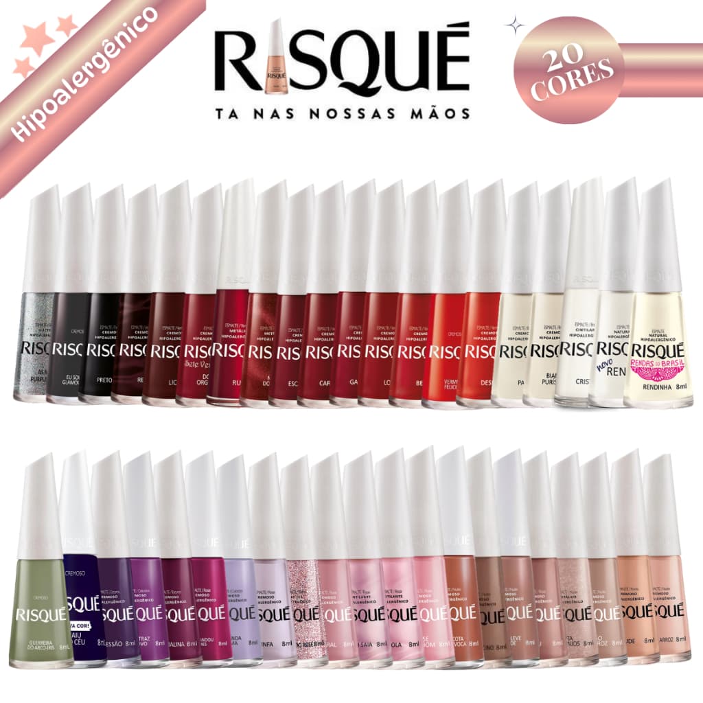 Risqué: Kit com 20 Esmaltes em Cores Variadas Sem repetição Hipoalergenicos