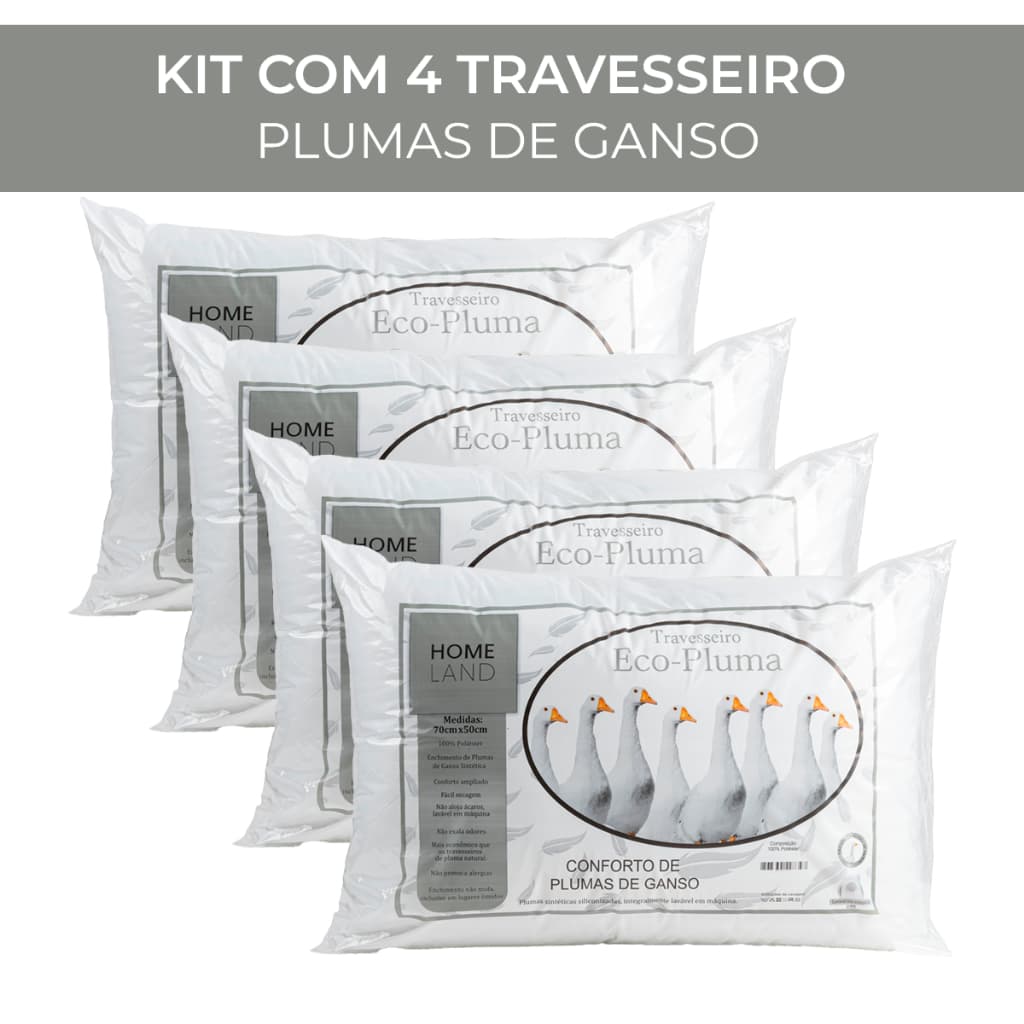 Kit 4 Travesseiro Pluma de Ganso Extra Macio e Confortavel Antiacaro
