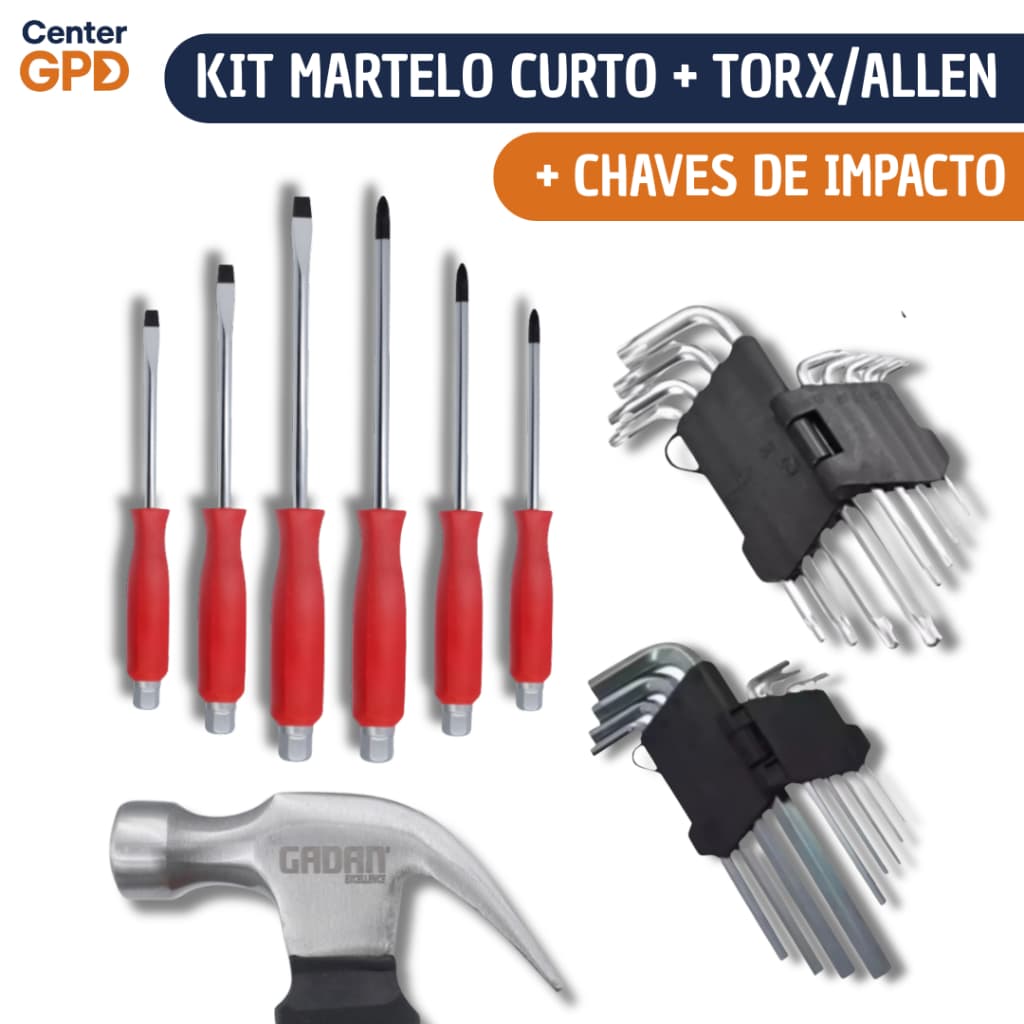 Kit Básico c/ Martelo Cabo Curto + Chave de Fenda e Philips Impacto + Kit Torx/Allen Curta