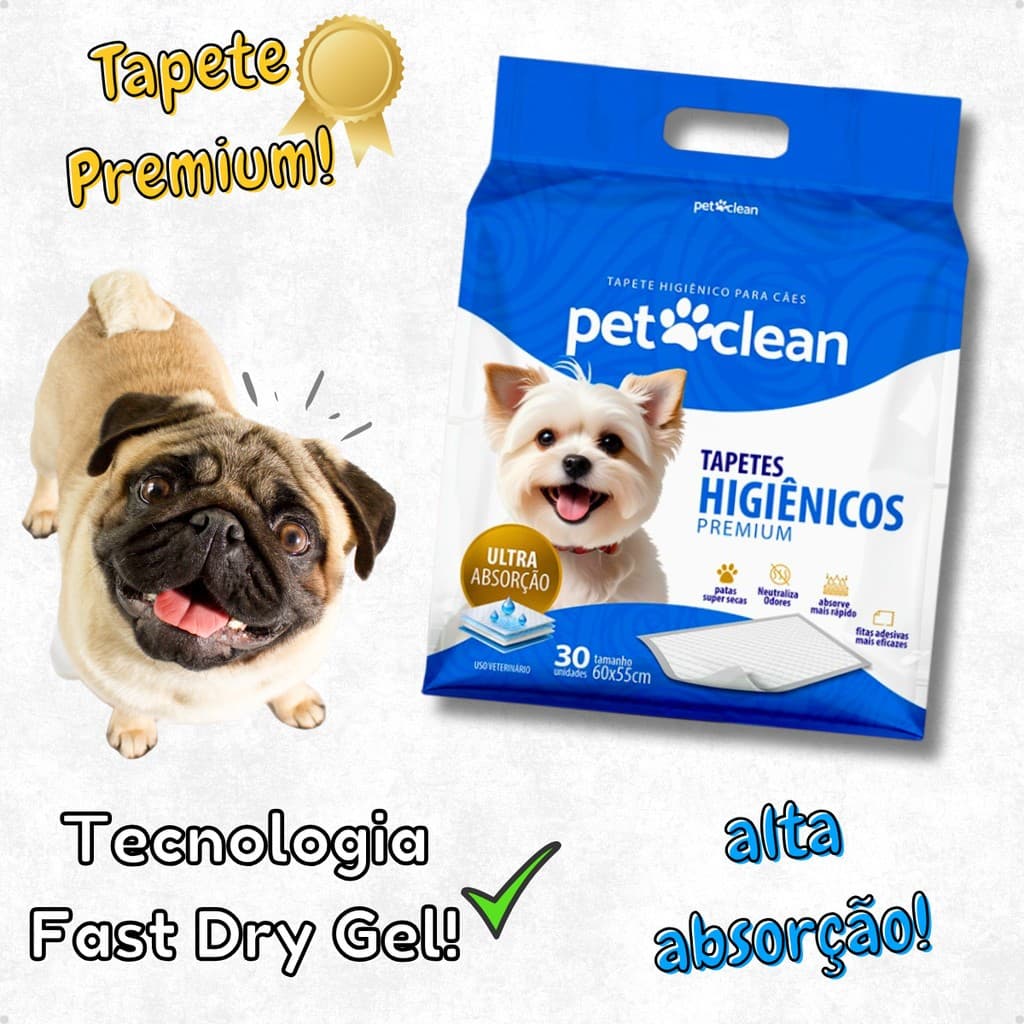 Tapete Higiênico Premium Ultra Absorção Gel para Cachorro 60 x 55 cm - 30 unidades - Pet Clean