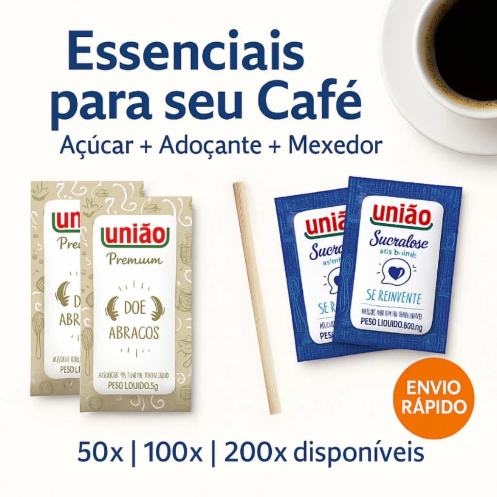 Kit Açúcar União Adoçante Sucralose Mexedor Café Madeira 100 ou 200 Unidades