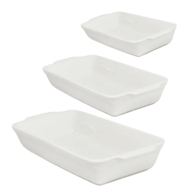 Kit 3 Travessas Retangular Refratária de Porcelana Branca  P, M e G - 420ML 720ML E 1180ML