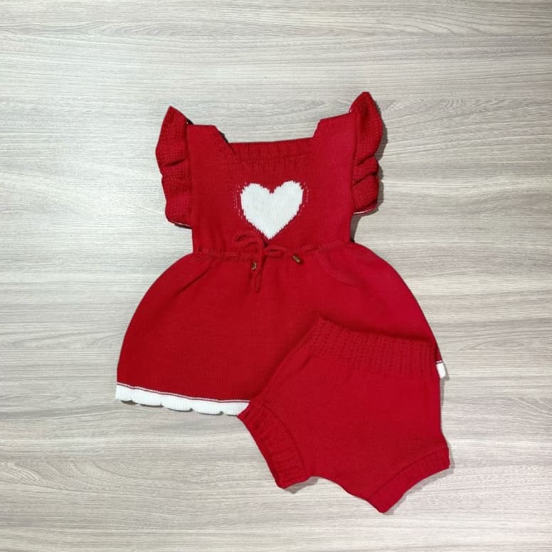 Vestido de festa trico para menina Rn com calcinha com detalhe de coração e cordão