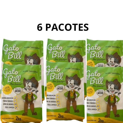 Kit 6 Areia Gato Bill 2kg Biodegradável | Torrão Firme | Ótimo Rendimento