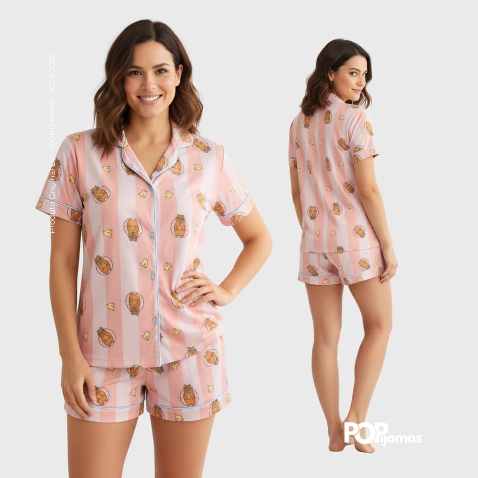 Pijama Feminino Americano Blogueirinha Capivara Verão Botões Amamentação Super Confortável Cirúrgico